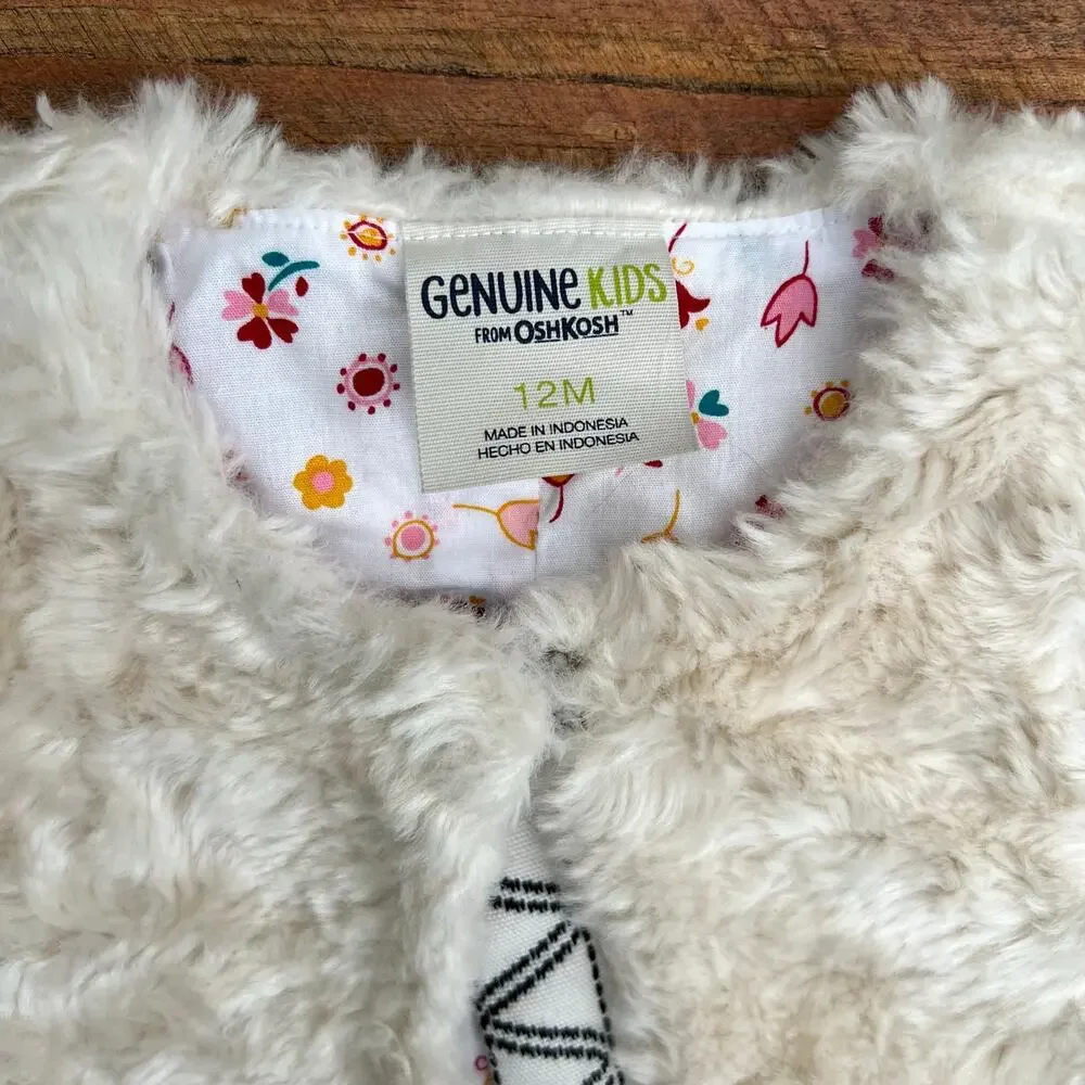 Genuine Kids OshKosh Faux Fur Baby Coat 12M Cream Floral Lined Toddler Jacket